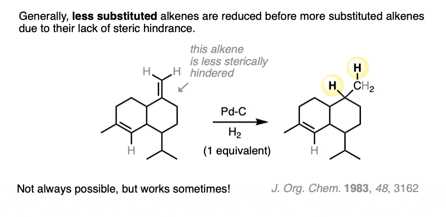 selective hydrogenation of least sterically hindered alkene in catalytic hydrogenation of molecules iwth multiple alkenes