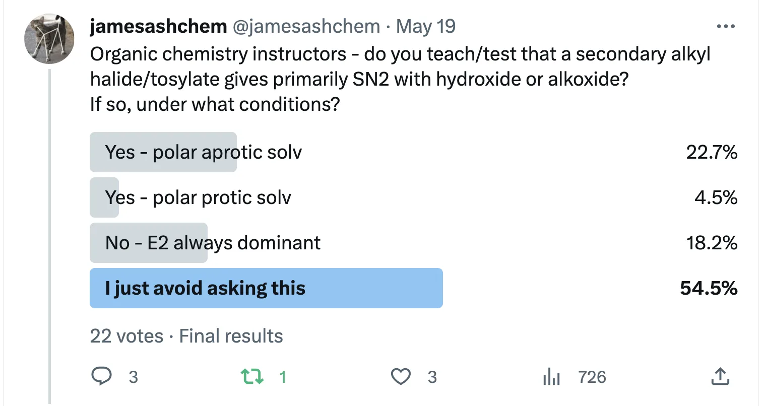 Quiz of instructors on whether secondary alkyl halide plus alkoxide gives sn2 or e2