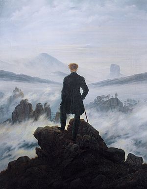 The Wanderer Above the Sea of Fog by Caspar David Friedrich. Foreground is heavy, background is light.
