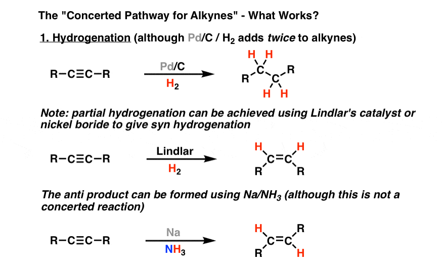 concerted path alkyne hydrogenation goes twice lindlar hydrogenation gives cis sodium ammonia gives trans alkenes