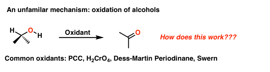 unfamiliar mechanism is oxidation of alcohols how does this work for example pcc h2cro4 dmp swern mechanism unclear