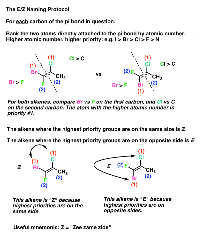 e and z notation for alkenes rank two atoms directly attached to pi bond by atomic number alkene where highest priority groups on same side is z