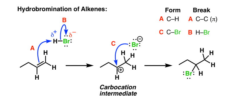mechanism for addition of hbr to alkenes with carbocation intermediate