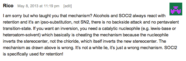 moc blog comment in 2013 saying secondary alcohols are not converted to alkyl chlorides with inversion but retention due to sni internal return