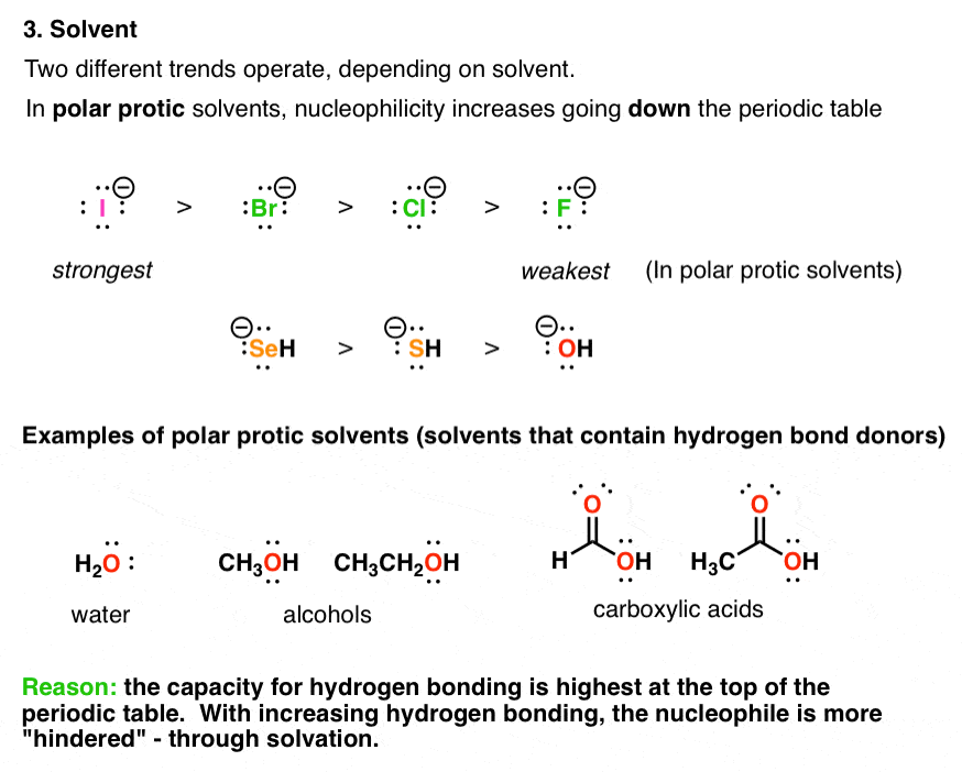 solvent-affects-nucleophilicity-polar-protic-solvents-nucleophilicity-increases-going-down-periodic-table-polar-aprotic-goes-in-reverse-direction.