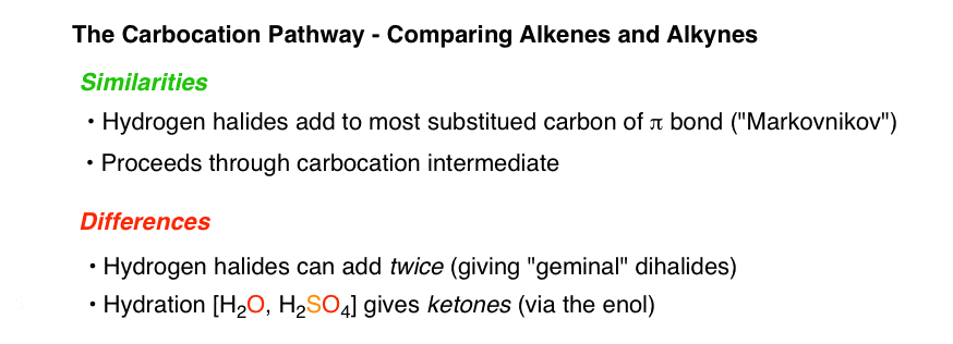 comparing carbocation parthway alkyne versus alkene hcl hbr hi addition to alkyne can happen twice giving gemincal halides