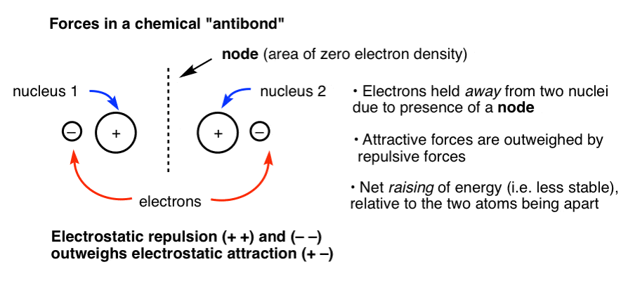 chemical antibond shows two nuclei separated by node naked repulsion between two nuclei and repulsive forces dominate over attractive forces raising of energy
