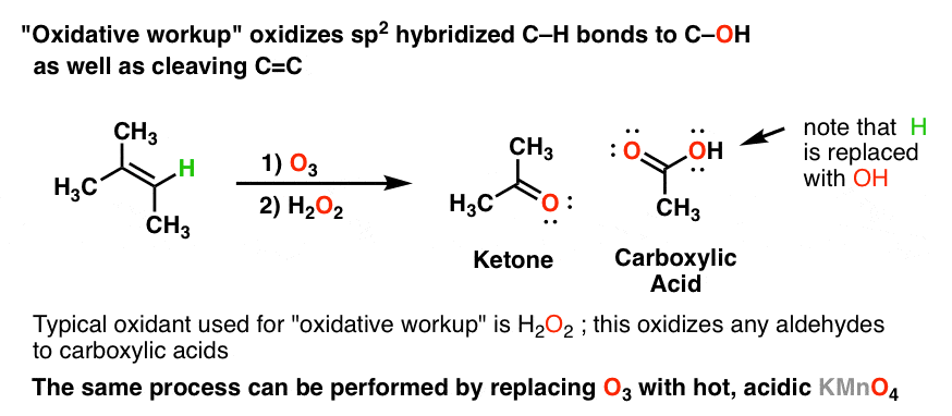 ozonolysis oxidative workup replaces sp2 hybridized c-h bonds with new c-oh bonds giving carboxylic acids from aldehydes