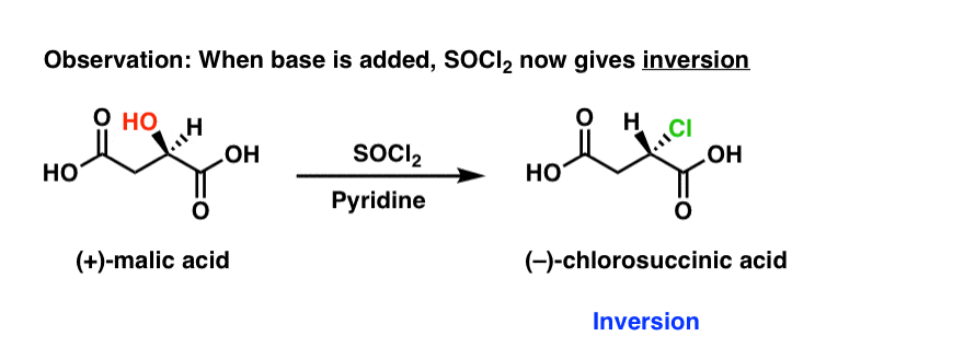 use of chiral secondary alcohol with socl2 and pyridine gives inversion of configuration why is this