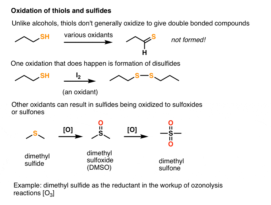 oxidation of thiols with iodine or molecular oxygen gives disulfides also sulfides can be oxidized to sulfoxides or sulfones