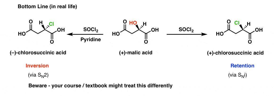 bottom line for socl2 with chiral alcohols socl2 wtih no pyridine gives retention whereas with pyridine gives inversion