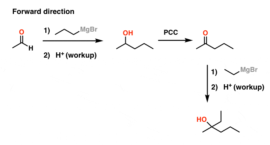 forward direction working from aldehyde to tertiary alcohol using grignard reagents and oxidation