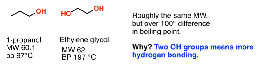 why does ethylene glycol have higher boiling point than 1 propanol because two oh groups means more hydrogen bonding