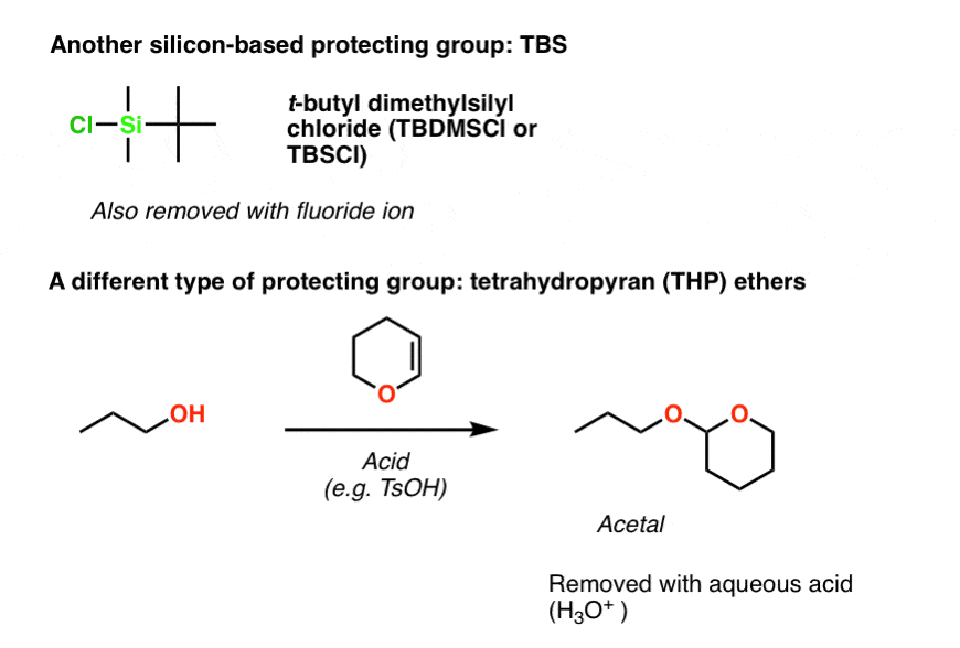 very well used protecting group is tert butyl dimethylsilyl chloride is tbscl removed with fluoride ion tbaf other protecting group is dhp dihydropyran gives thp ethers