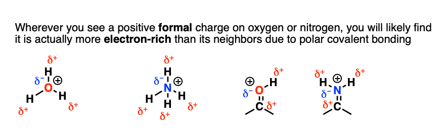 reminder that positive formal charges on oxygen and nitrogen actually are more electron rich due to dipoles