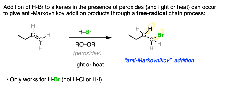 alkenes plus HBr with peroxides and light will give anti markovnikov free radical addition of HBr across alkenes