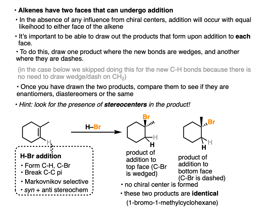 drawing the products of addition of HBr to methylcyclohexene to get identical products