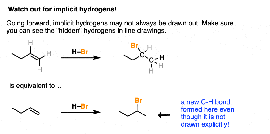 be able to recognize hidden hydrogens on alkenes for the purposes of recognizing reactions
