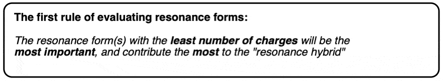 first rule of evaluating resonance forms the resonance form with least number of charges will be the most stable and contribute the most to the resonance hybrid