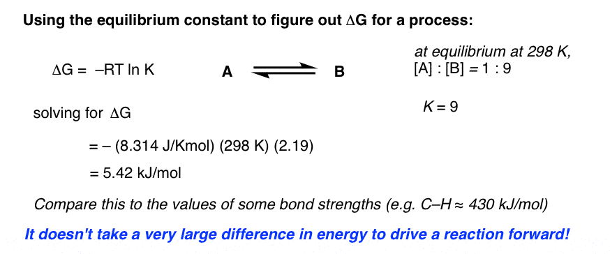 possible to use equilibrium constant to calculate delta g for a process delta g equals negative rt ln k if you know k you can calculate delta g for a =k of 9 driving force is only 5 kj per mol or so