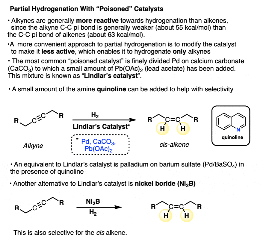 lindlars catalyst is a mix of palladium quinoline and lead carbonate - selective for partial hydrogenation of alkynes