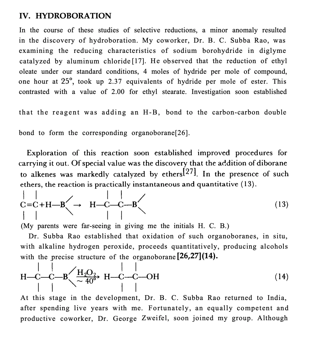 Hydroboration discovery H C Brown Nobel Lecture