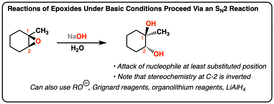 reaction of epoxides under basic conditions via sn2 reaction with naoh and h2o attack at least substituted position occurs with inversion other nucleophiles possible