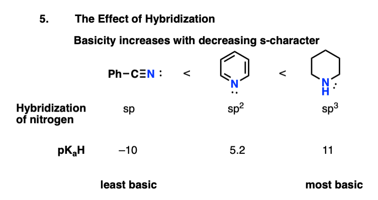 -basicity of nitrogen increases as p character increases so sp3 more basic than sp2 more basic than sp