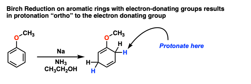 birch reduction on aromatic rings with electron donating groups results in protonation ortho to electron donating group