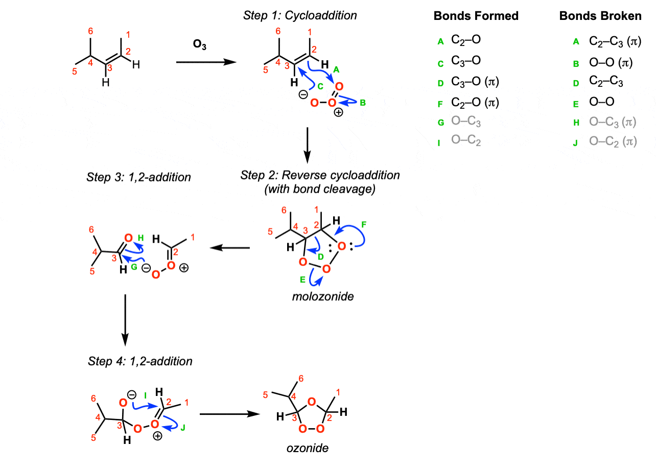 ozonolysis of alkenes using ozone formation of molozonide then rearrangement to give ozonide bonds broken bonds formed