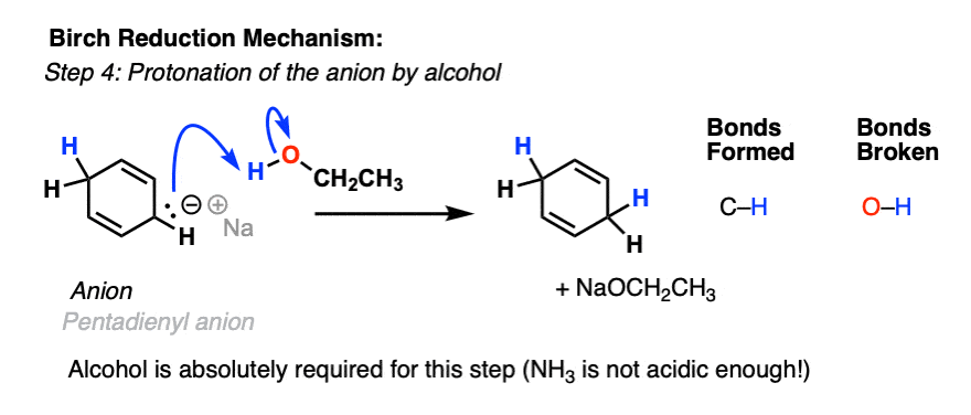 step 4 of the bich reduction mechaism is protonation of the pentadienyl anion by alcohol to give 1 4 cyclohexadiene kinetic control