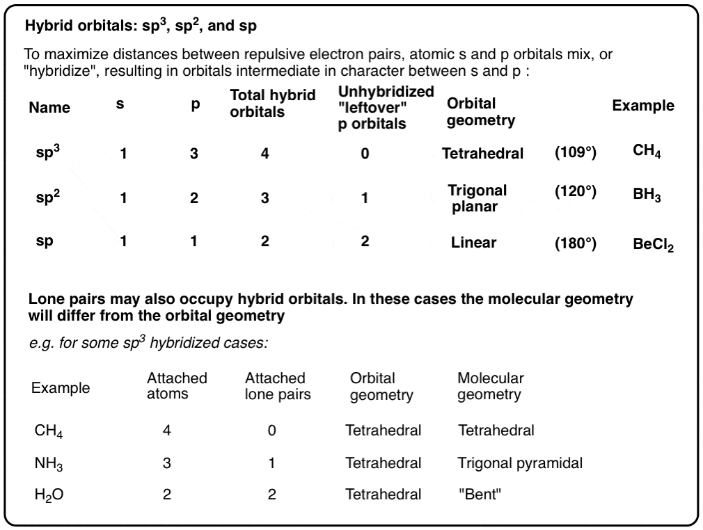 hybridization chart with lone pairs