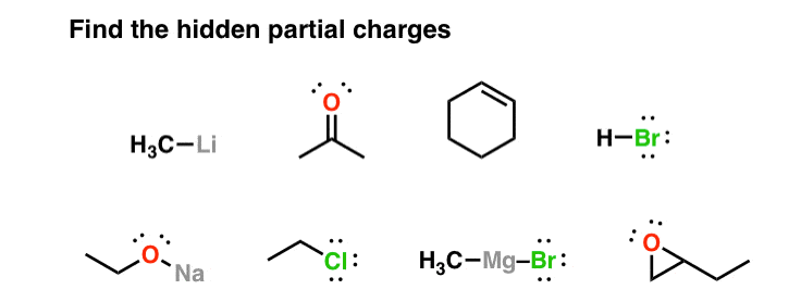 find-the-partial-hidden-charges-in-ch3-li-acetone-hbr-sodium-ethoxide-chloroethane-methy-grignard-butene-oxide