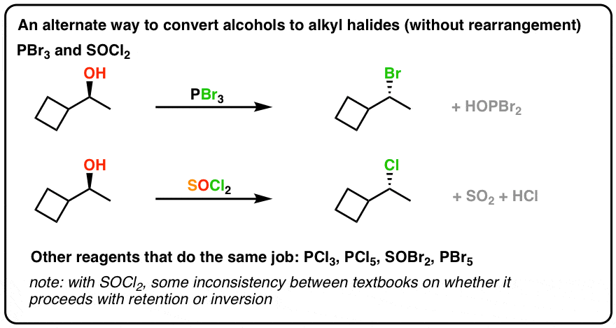 summary of pbr3 phosphorus tribromide and socl2 thionyl chloride both result in inversion of configuration of alcohol conversion to alkyl halide