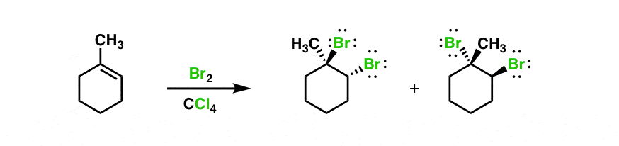 bromination of 1-methylcyclohexene gives dibromides chiral anti products