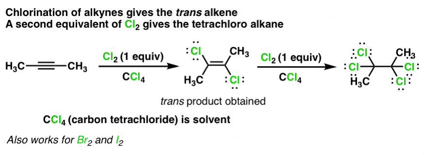 chlorination of alkynes with cl2 1 equiv gi es trans alkene 2nd equivalent gives tetrachloro dibromination diiodination of alkynes gi ves trans dihaloalkenes