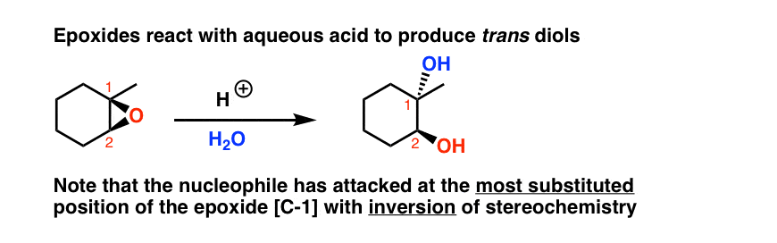 اپوکسیدها با اسید آبی واکنش می دهند تا ترانس دیول ها را در بیشترین موقعیت جایگزین اپوکسید ایجاد کنند.