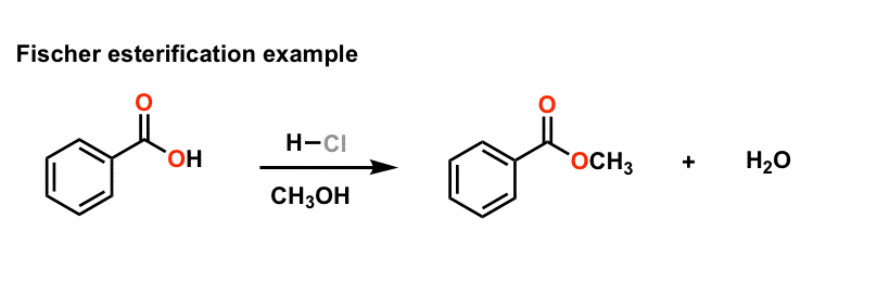 example of fischer esterification reaction of benzoic acid with methanol and acid to give ester