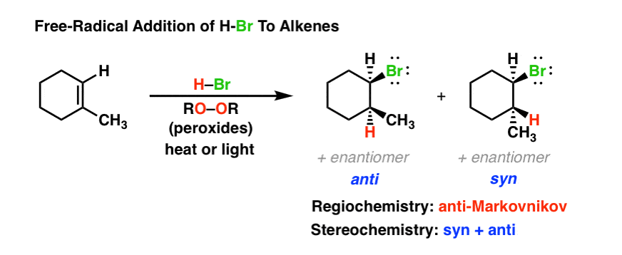 free radical addition of hbr to alkenes gives mixture of syn and anti products anti markovnikov regiochemistry