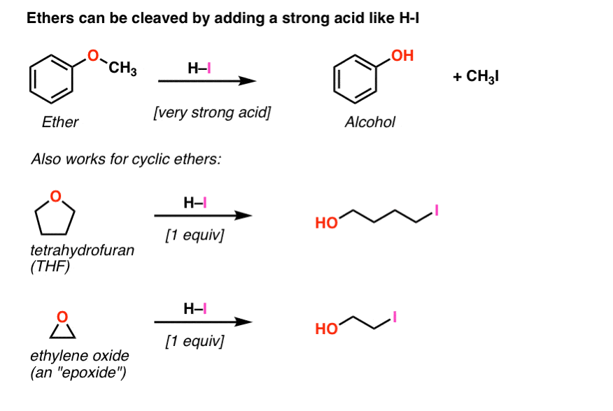 hi strong acid cleaves ethers such as anisole tetrahydrofurane and especially ethylene oxide epoxide