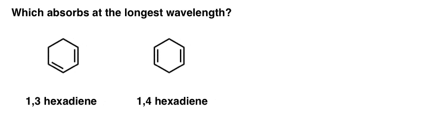 practice problem which absorbs at longest wavelength 1 3 hexadiene vs 1 4 hexadiene 1 3 hexadiene is conjugated