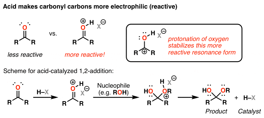 protonation of ketones and aldehydes results in a more electrophilic species that is more reactive with nucleophiles
