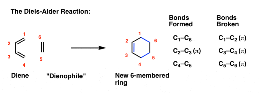 reprise of key pattern of diels alder reaction diene plus dienophile giving new six membered ring 3 carbon carbon pi bonds broken 3 new carbon carbon bonds formed