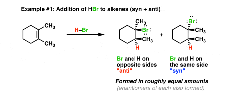 stereochemistry of addition of hbr to alkenes gives syn and anti products equally