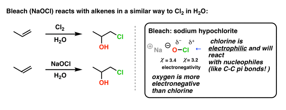 how does bleach work naocl sodium hypochlorite reacts with double bonds electrophille with pi bonds