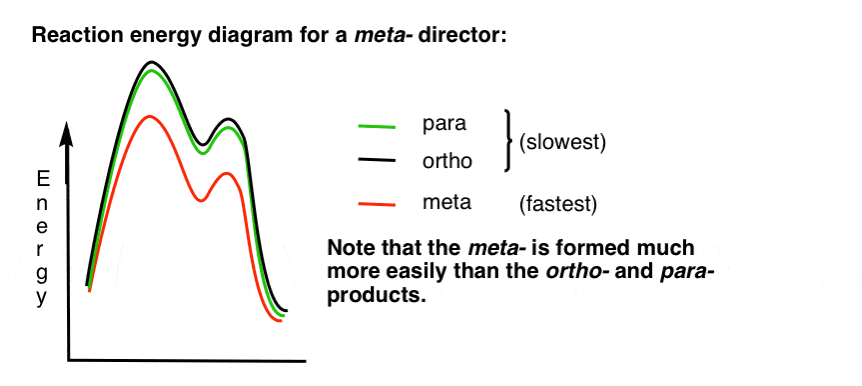 reaction energy diagram for meta director shows meta slightly lower energy than ortho and para