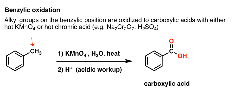 benzylic oxidation of benzylic ch3 with kmno4 h2o and heat after acid workup gives carboxylic acid