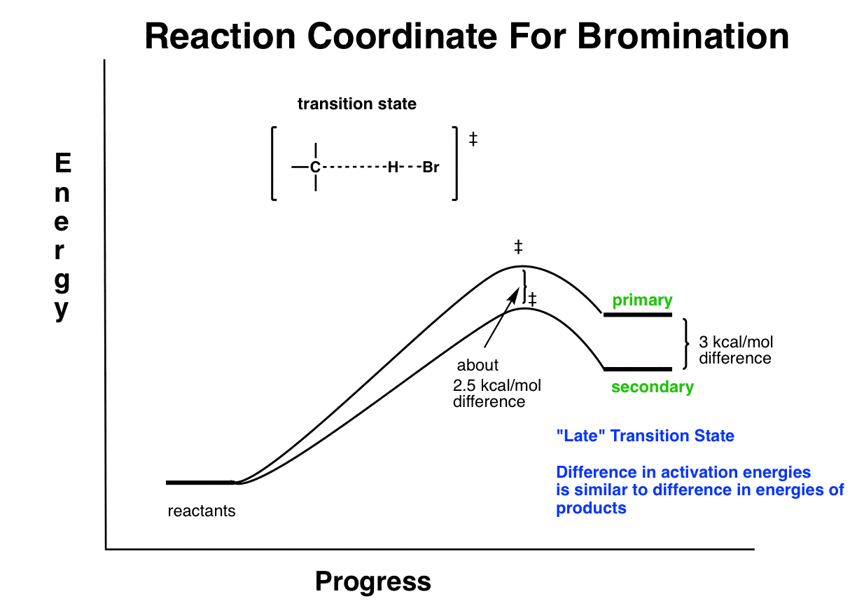 reaction-coordinate-for-free-radical-bromination-shows-late-transition-state-2-point-5-kcal-mol-different-gives-larger-difference-in-products