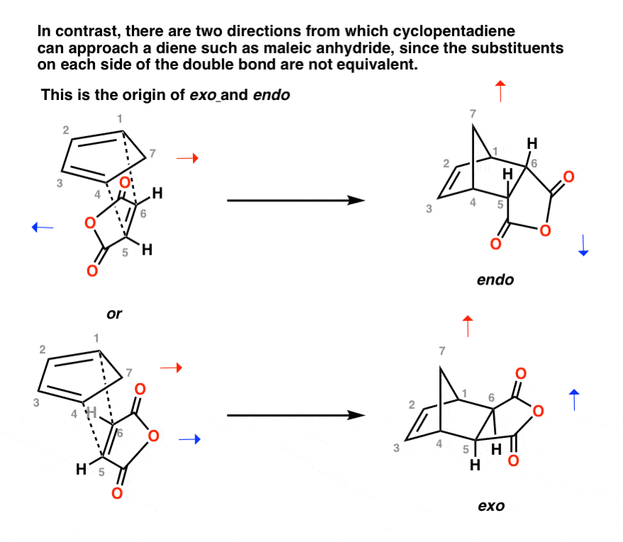 transition state of diels alder reaction with cyclopentadiene and maleic anhydride shows how the groups point in opposite directions in the endo and in the same direction in the exo