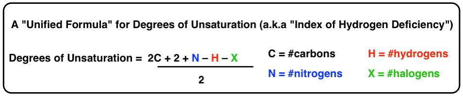 unified formula for degrees of unsaturation index of hydrogen deficiency including carbon nitrogen hydrogen halogens